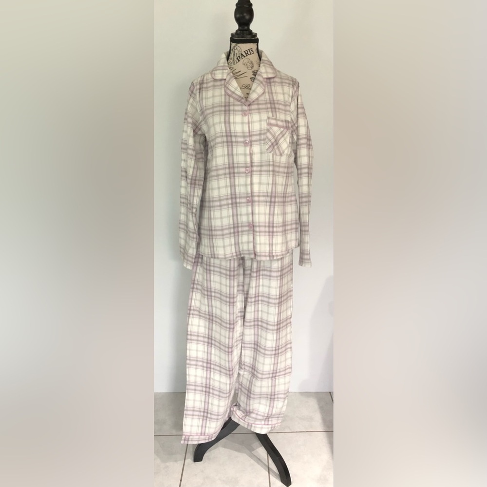 Denver Hayes Women’s Pajamas Set Pinkish Purple/Gray/White Plaid Sz Medium NWOT